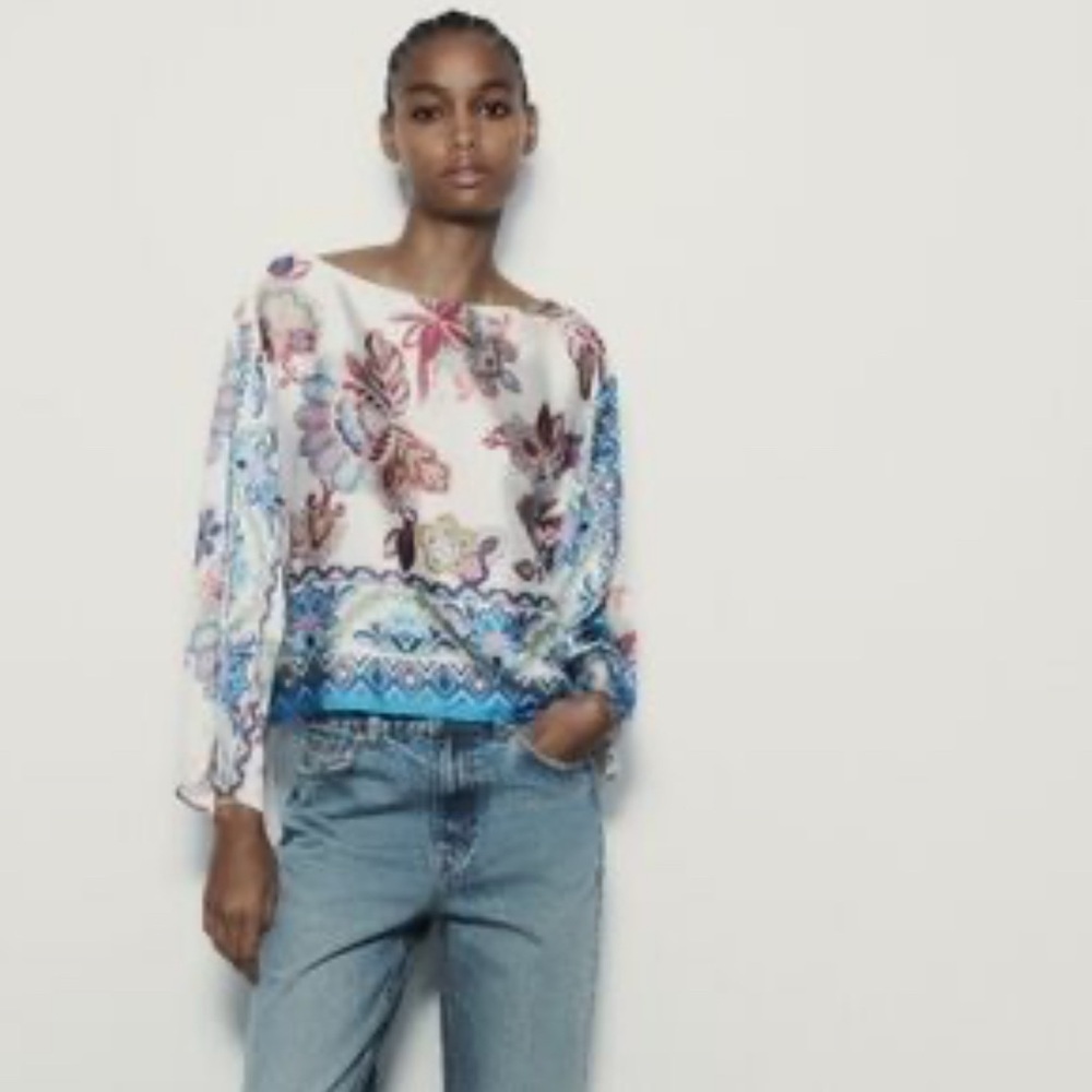 Zara White and Pink Bell Sleeve Blouse small